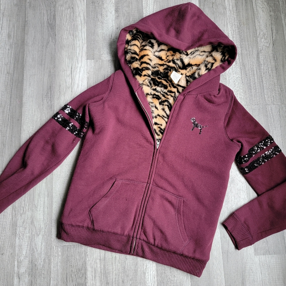 RARE Vs PINK tiger print fur exclusive zip hoodie